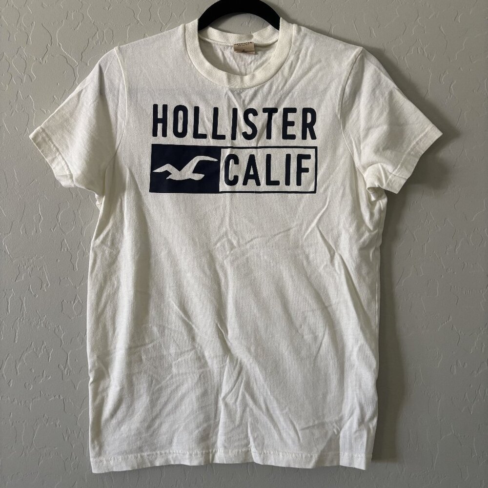 Hollister S Shirt White Blue Bird Seagull Crew Neck Short Sleeve Graphic Navy
